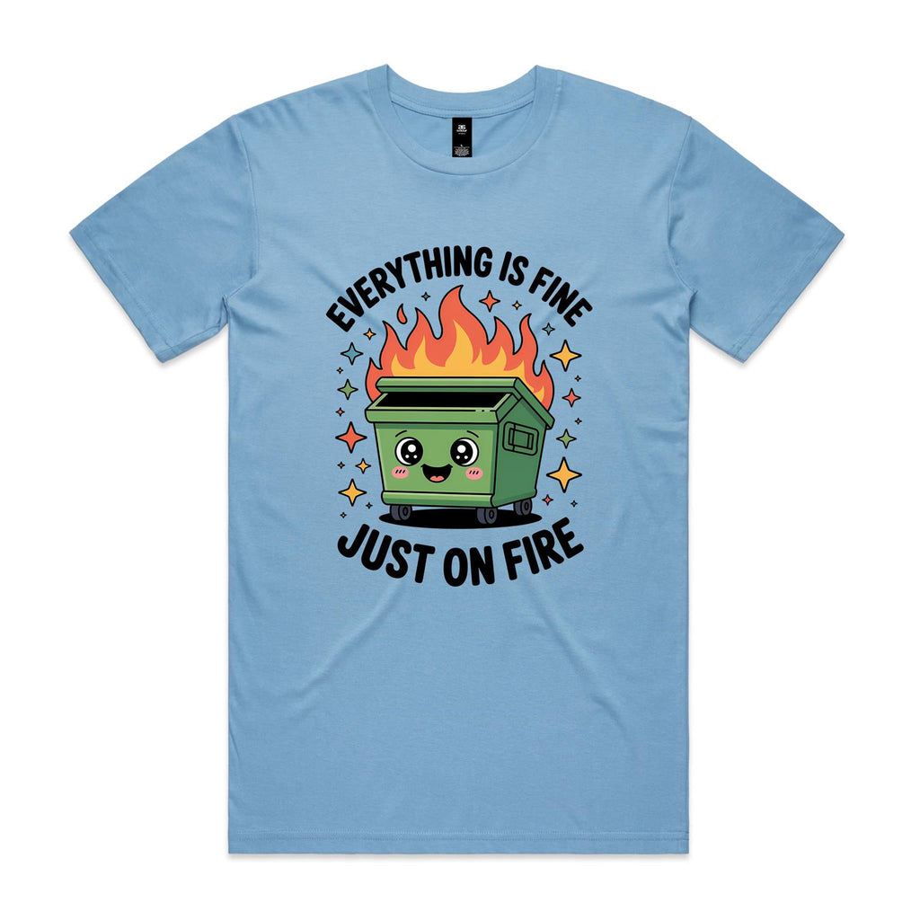 Skip Bin, Dumpster Fire Men's AS Colour T-shirt Carolina Blue Mens T-shirt Printed In Australia