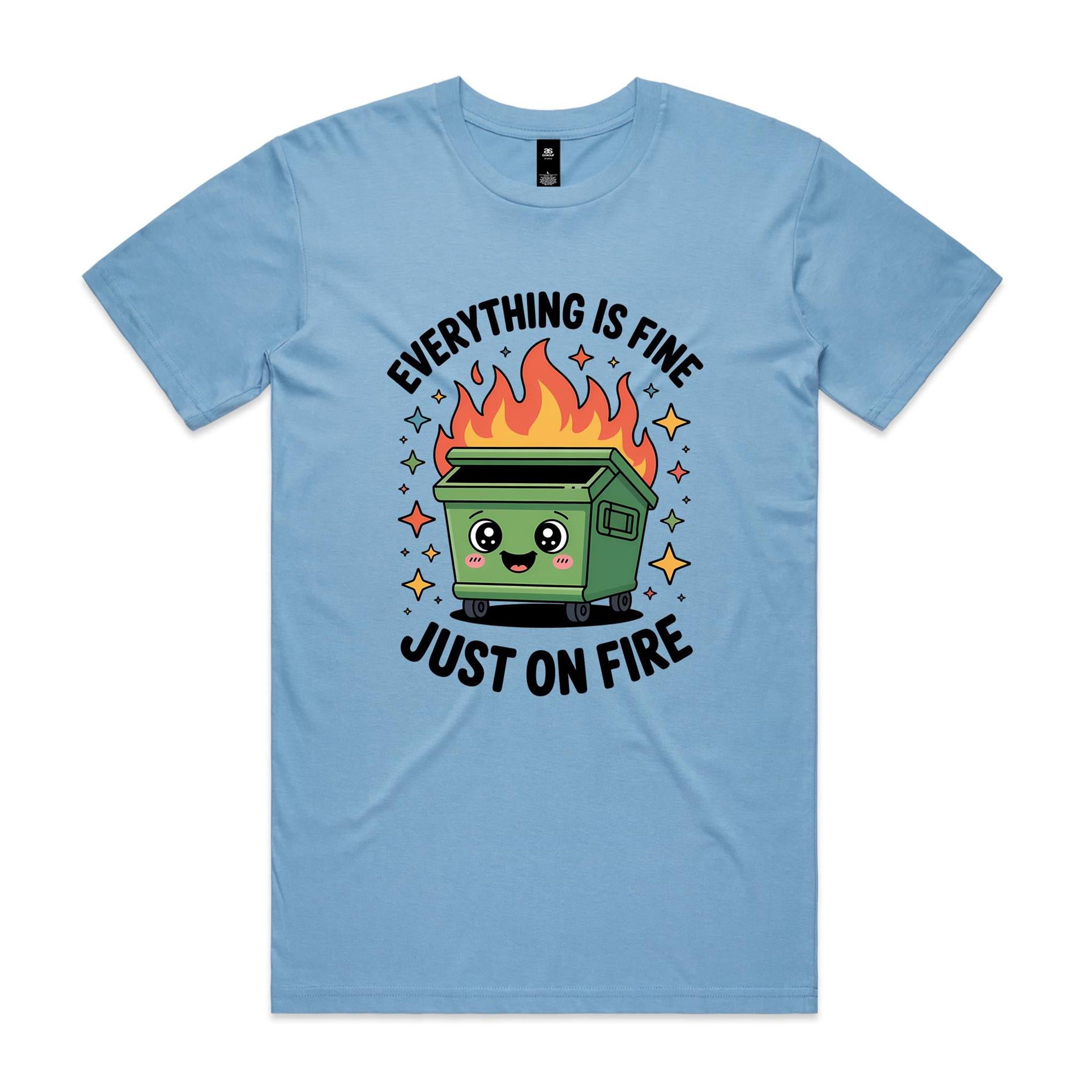 Skip Bin, Dumpster Fire Men's AS Colour T-shirt Carolina Blue Mens T-shirt Printed In Australia