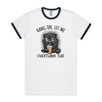 Frazzled Cat, Hang On Let Me Overthink This Men's AS Colour Ringer Tee White Navy Ringer T-Shirt animal Printed In Australia