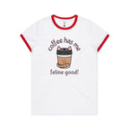 Coffee Has Me Feline Good - Women's Ringer Tee White Red Womens Ringer T-shirt animal Coffee Printed In Australia