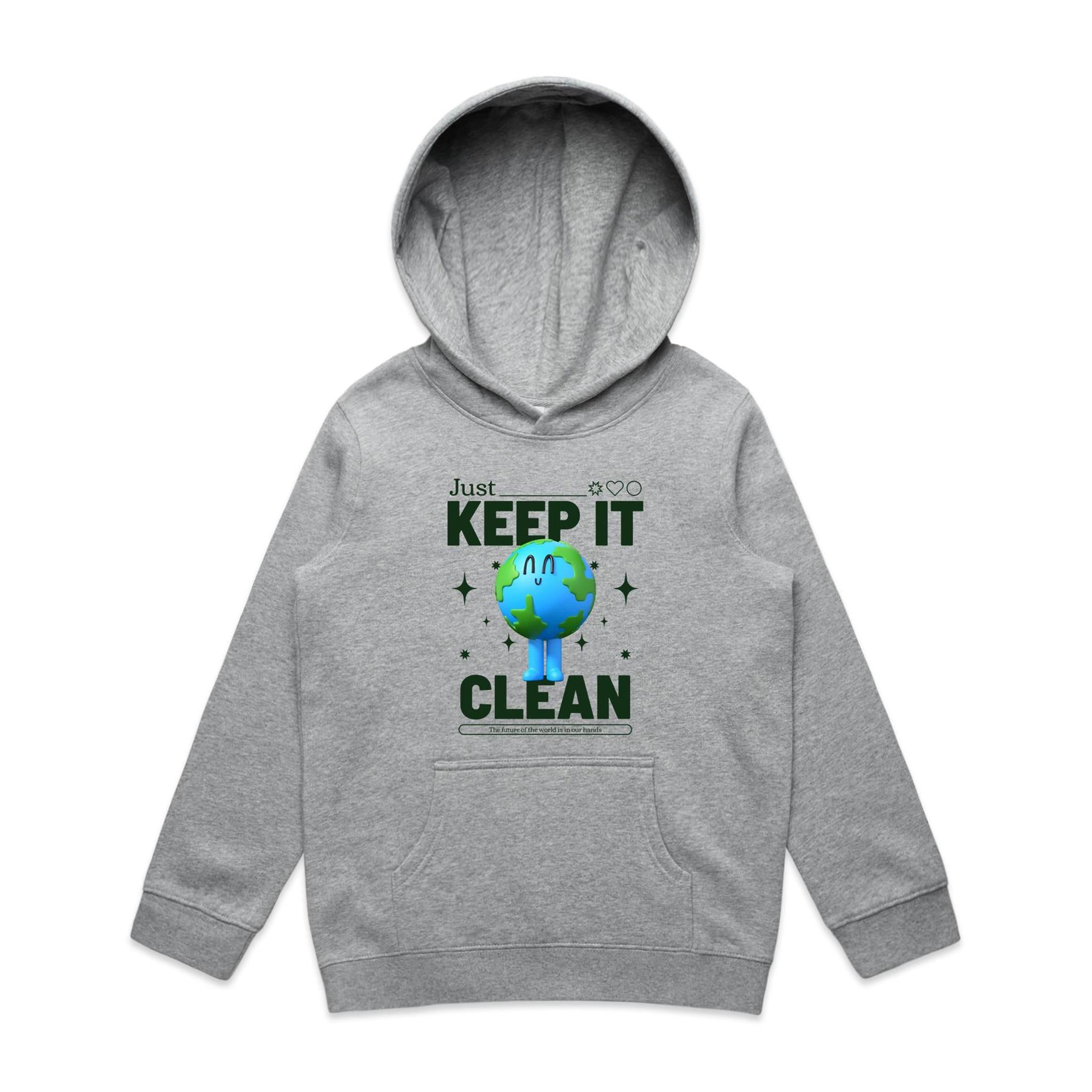 Earth, Just Keep It Clean - Kids Hoodie Grey Marle Kids Hoodie Printed In Australia