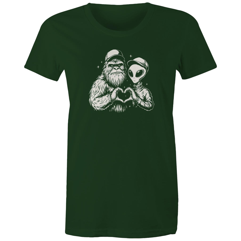 Alien Bigfoot Heart Hands - Womens T-shirt Forest Green Womens T-shirt Love Printed In Australia Sci Fi