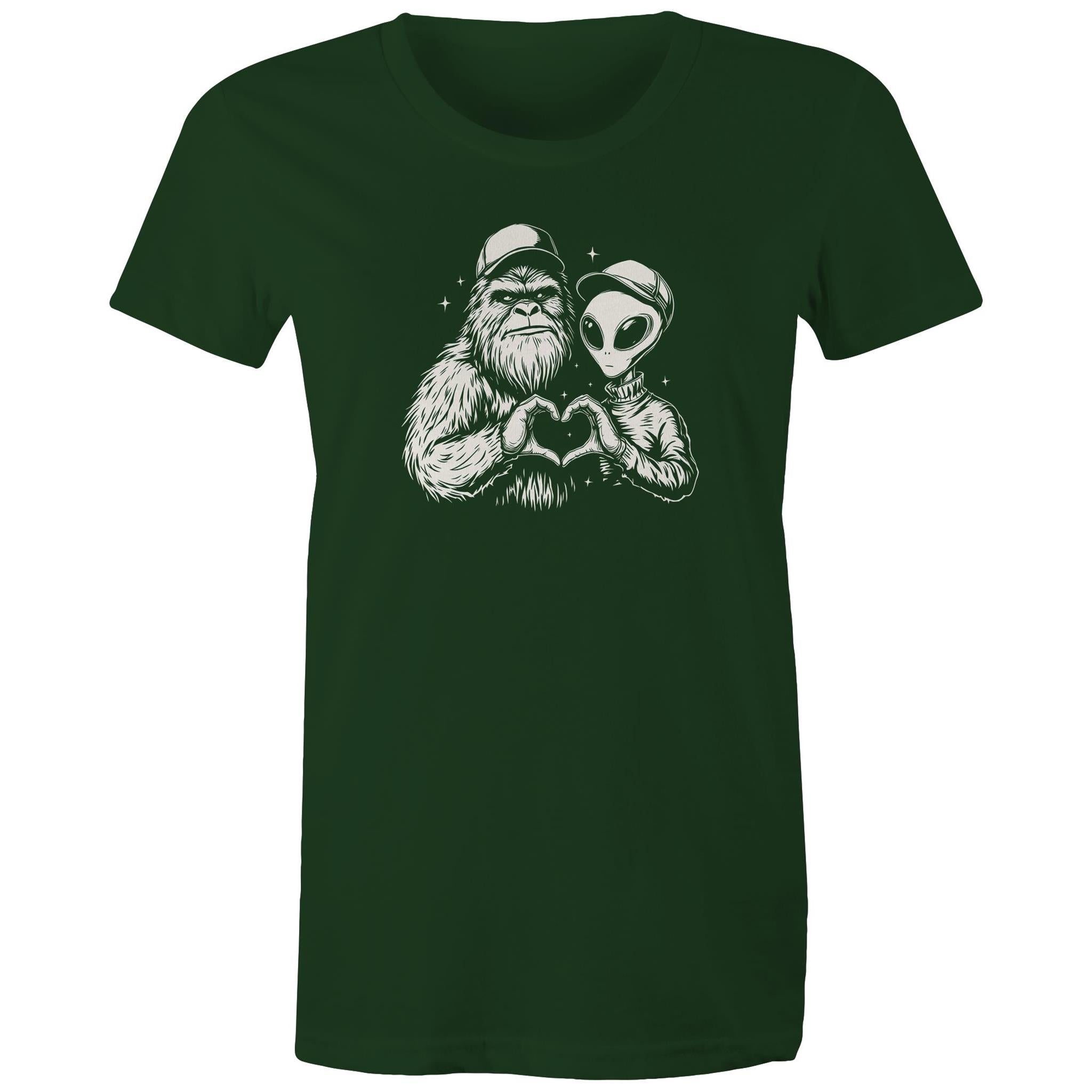 Alien Bigfoot Heart Hands - Womens T-shirt Forest Green Womens T-shirt Love Printed In Australia Sci Fi