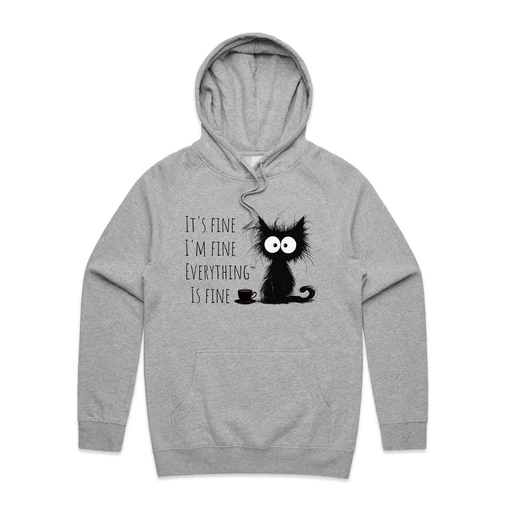 Frazzled Cat, It's Fine, I'm Fine, Everything Is Fine - Mens Hoodie Grey Marle Mens Hoodie animal Printed In Australia
