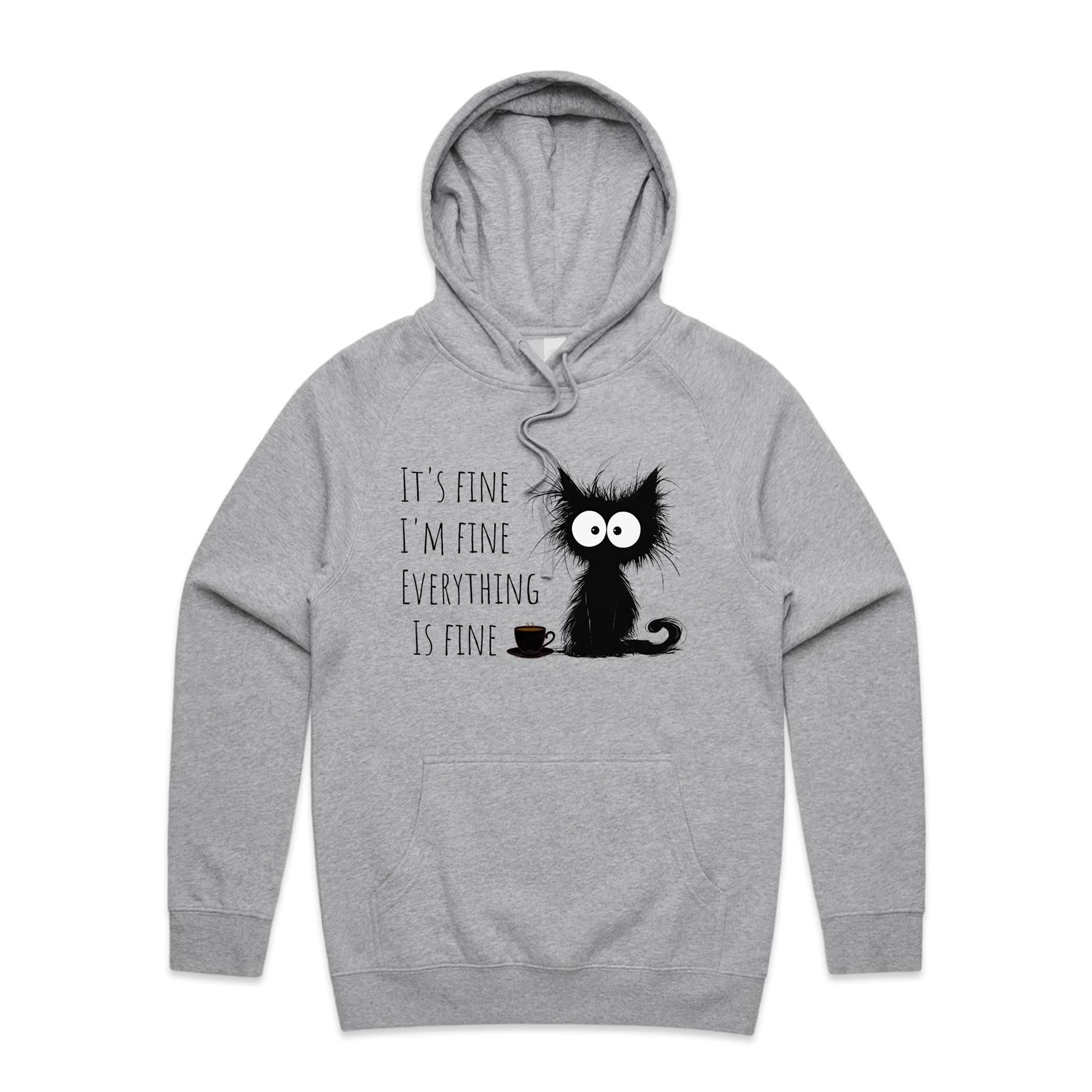 Frazzled Cat, It's Fine, I'm Fine, Everything Is Fine - Mens Hoodie Grey Marle Mens Hoodie animal Printed In Australia