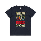 Never Too Young To Rock N Roll Kid's AS Colour T-shirt Navy Kids Youth T-shirt Music Printed In Australia