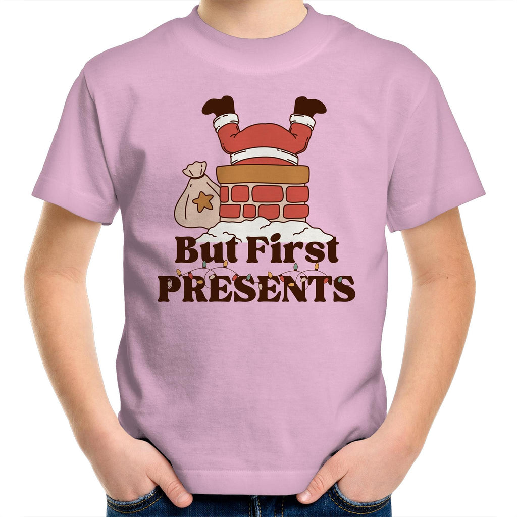 But First Presents, Santa In Chimney - Kids Youth T-Shirt Pink Kids Christmas T-shirt Christmas Printed In Australia