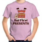 But First Presents, Santa In Chimney - Kids Youth T-Shirt Pink Kids Christmas T-shirt Christmas Printed In Australia