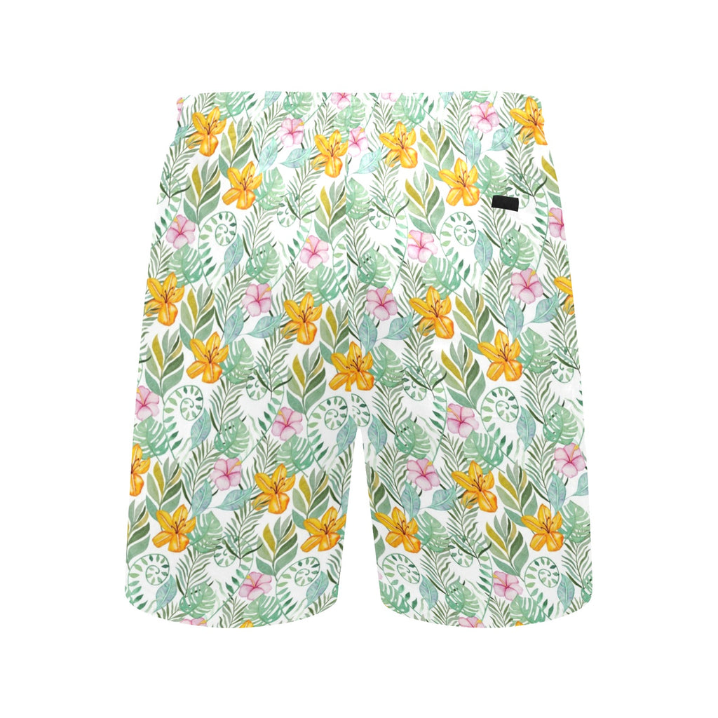 Tropical Flowers And Leaves Men's Mid-Length Beach Shorts Men's Mid-Length Beach Shorts Plants Printed Offshore