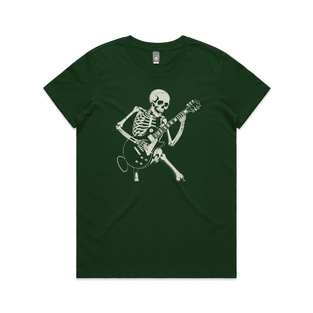 Skeleton Playing Guitar Women's AS Colour T-shirt Forest Green Womens T-shirt Music Printed In Australia