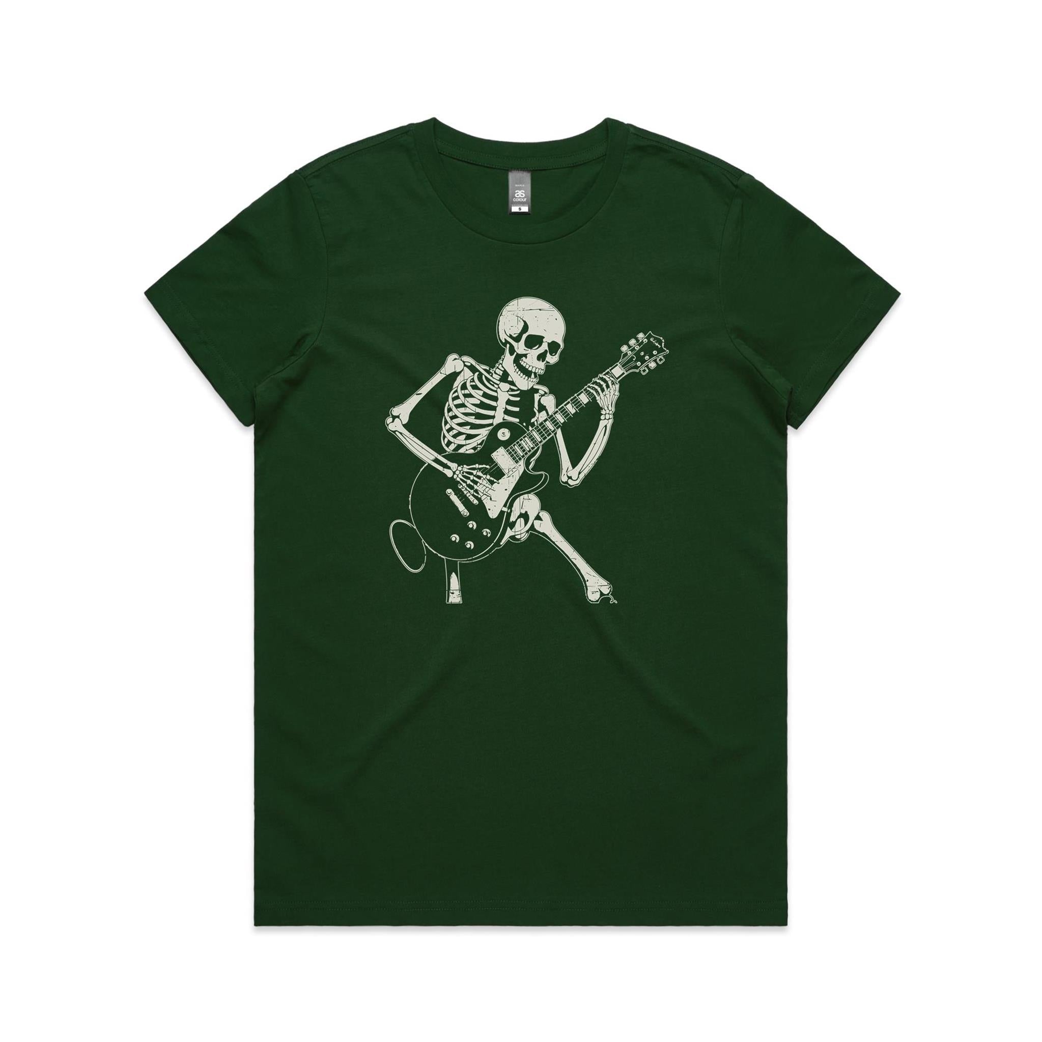 Skeleton Playing Guitar Women's AS Colour T-shirt Forest Green Womens T-shirt Music Printed In Australia