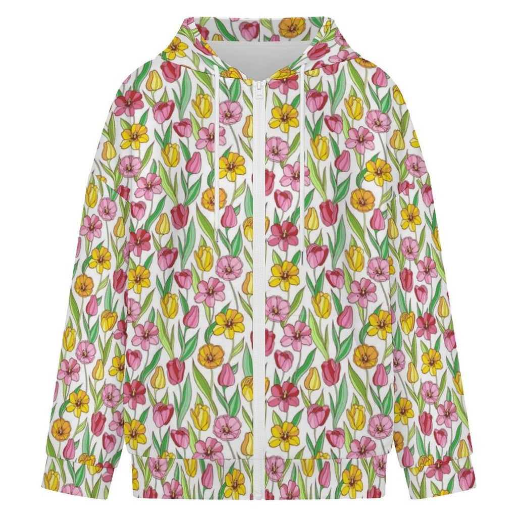 Pink And Yellow Floral Women's Full-Zip Hoodie