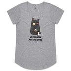 Life Begins After Coffee - Womens Scoop Neck T-Shirt Grey Marle Womens Scoop Neck T-shirt Coffee Printed In Australia