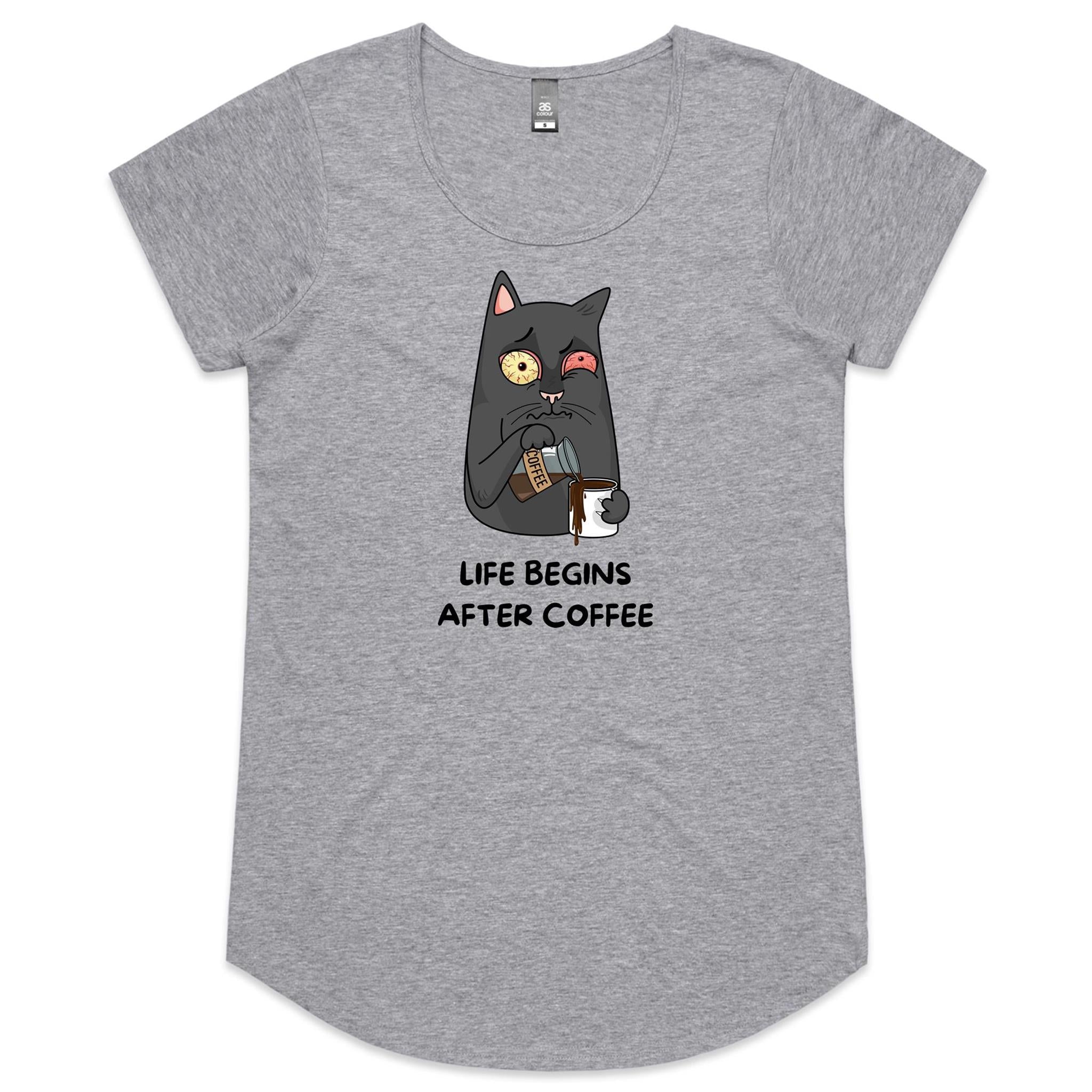 Life Begins After Coffee - Womens Scoop Neck T-Shirt Grey Marle Womens Scoop Neck T-shirt Coffee Printed In Australia