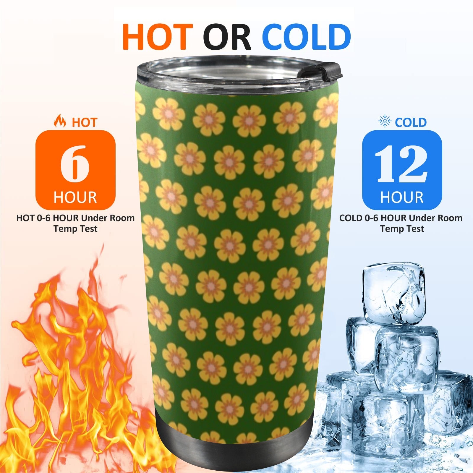Yellow Flowers On Green 20oz Mobile Tumbler with Lid (Black Lock) 20oz Travel Mug Plants Printed Offshore
