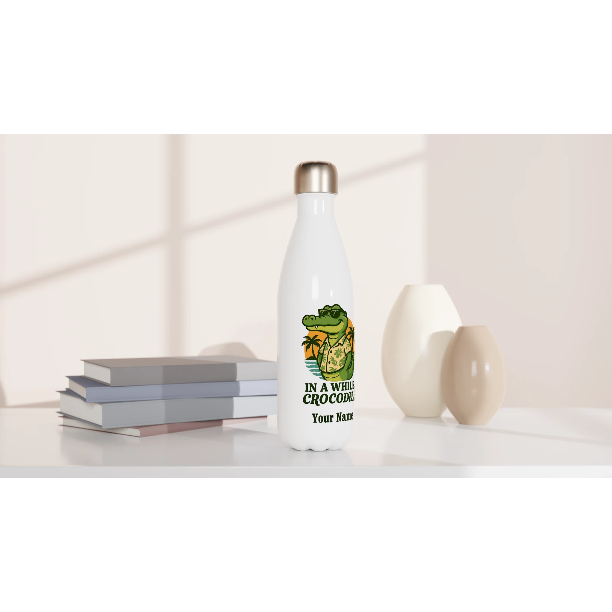 Personalised In A While, Crocodile White 17oz Stainless Steel Water Bottle Personalised Water Bottle animal Globally Fulfilled