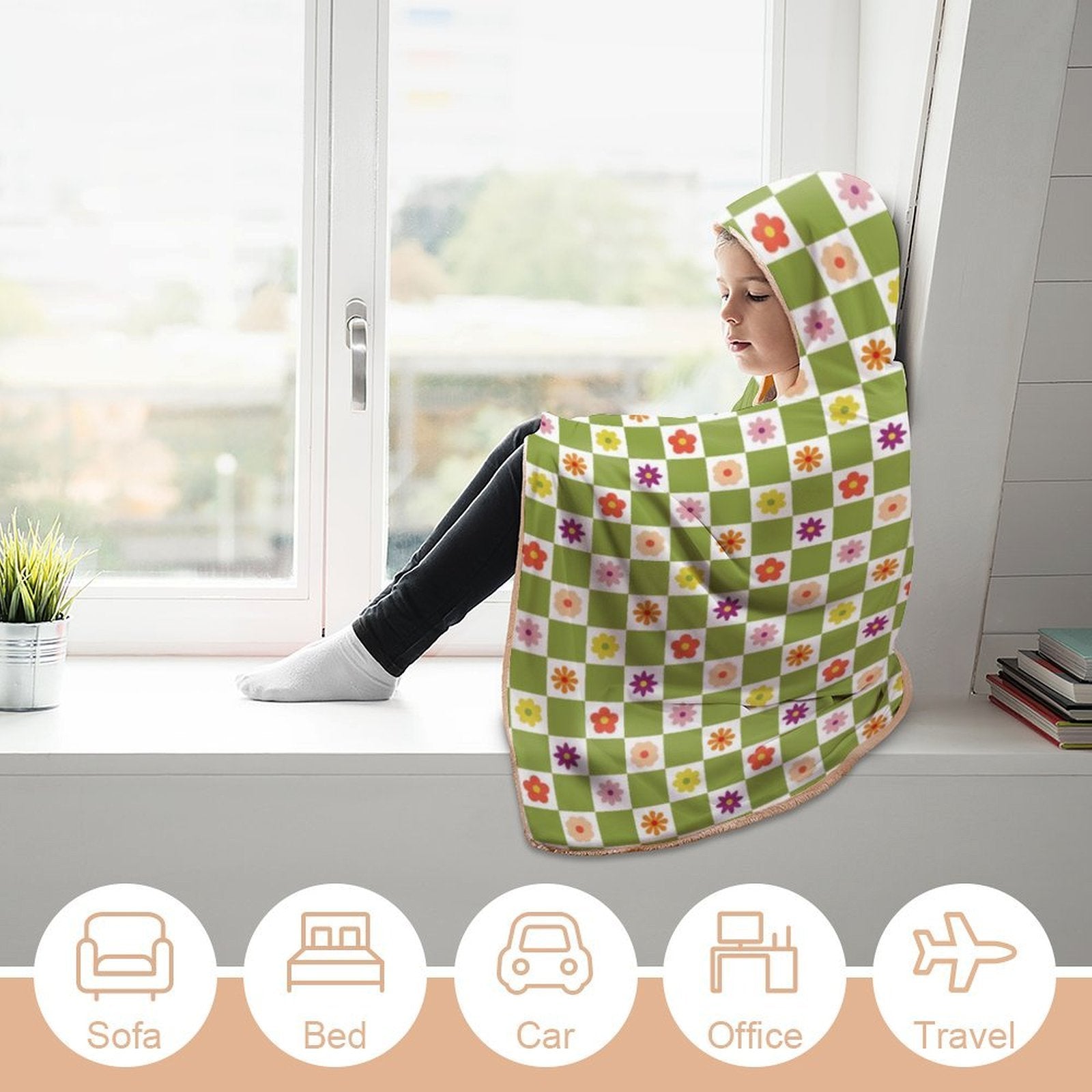 Flower Check Kids Hooded Blanket 100cm x 130cm