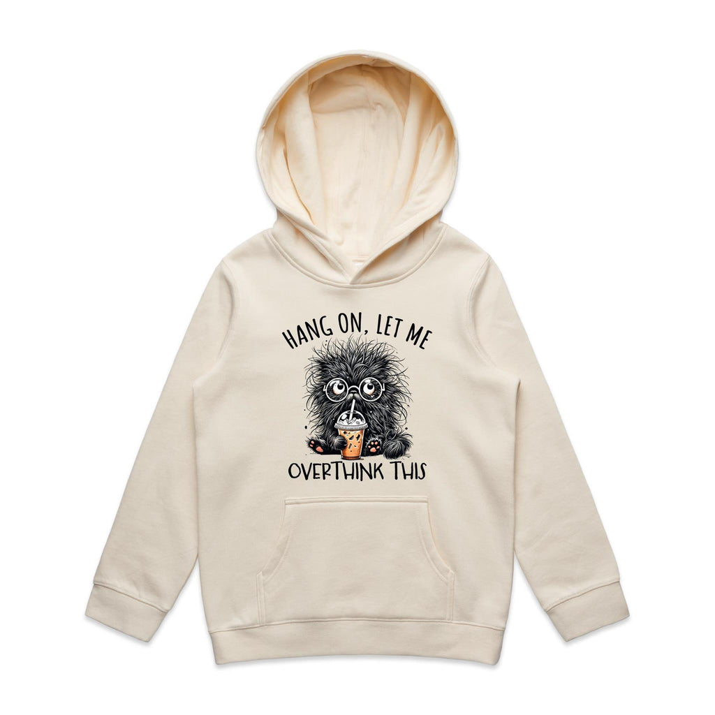 Frazzled Cat, Hang On Let Me Overthink This Kid's AS Colour Hoodie Ecru Kids Hoodie animal Printed In Australia