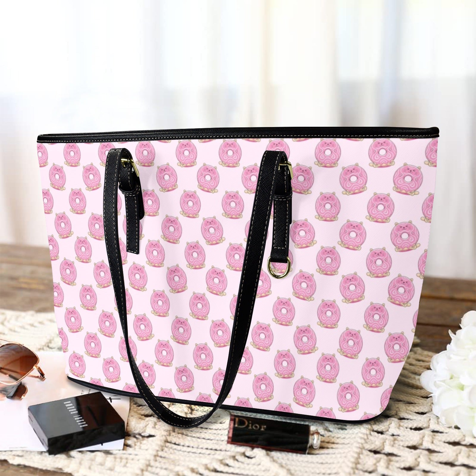 Cat Doughnuts PU Leather Tote Bag Large Leather Tote Bag-Large animal Food Printed Offshore