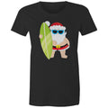 Surfing Santa - Womens T-shirt Black Womens Christmas T-shirt Christmas Printed In Australia
