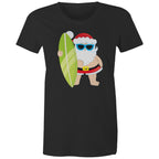 Surfing Santa - Womens T-shirt Black Womens Christmas T-shirt Christmas Printed In Australia