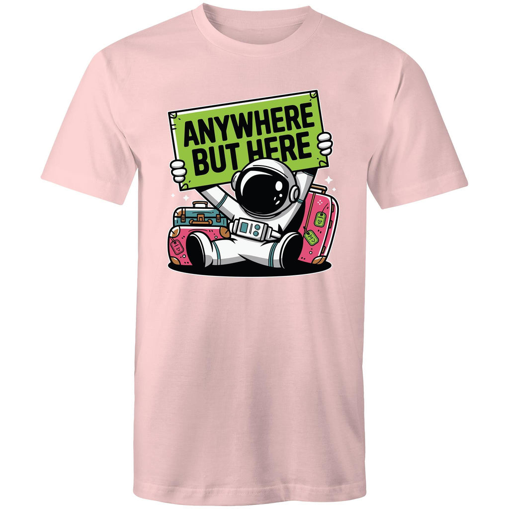 Astronaut, Anywhere But Here - Mens T-Shirt Pink Mens T-shirt Printed In Australia Space