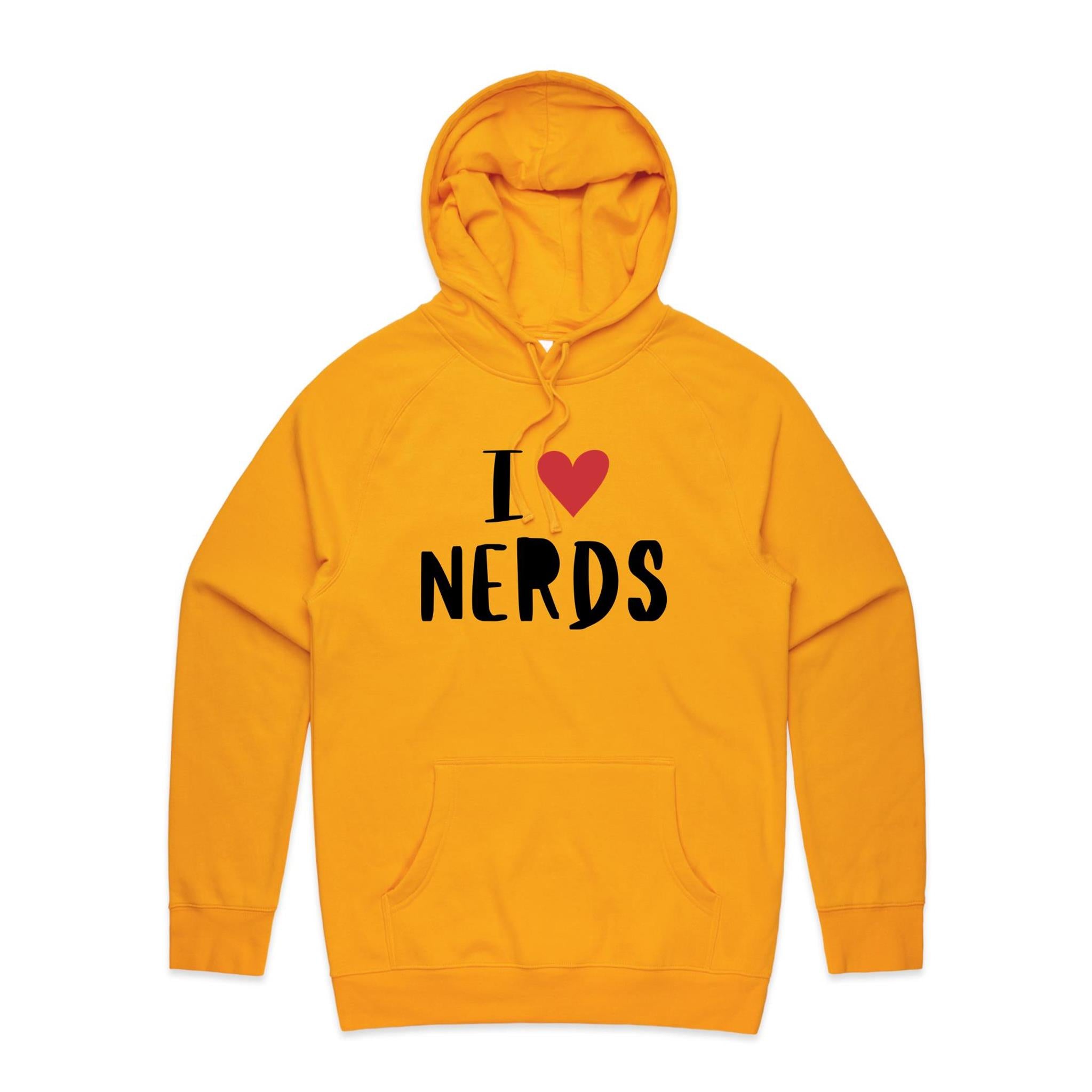 I Love Nerds, Red Heart - Mens Hoodie Gold Mens Hoodie Printed In Australia