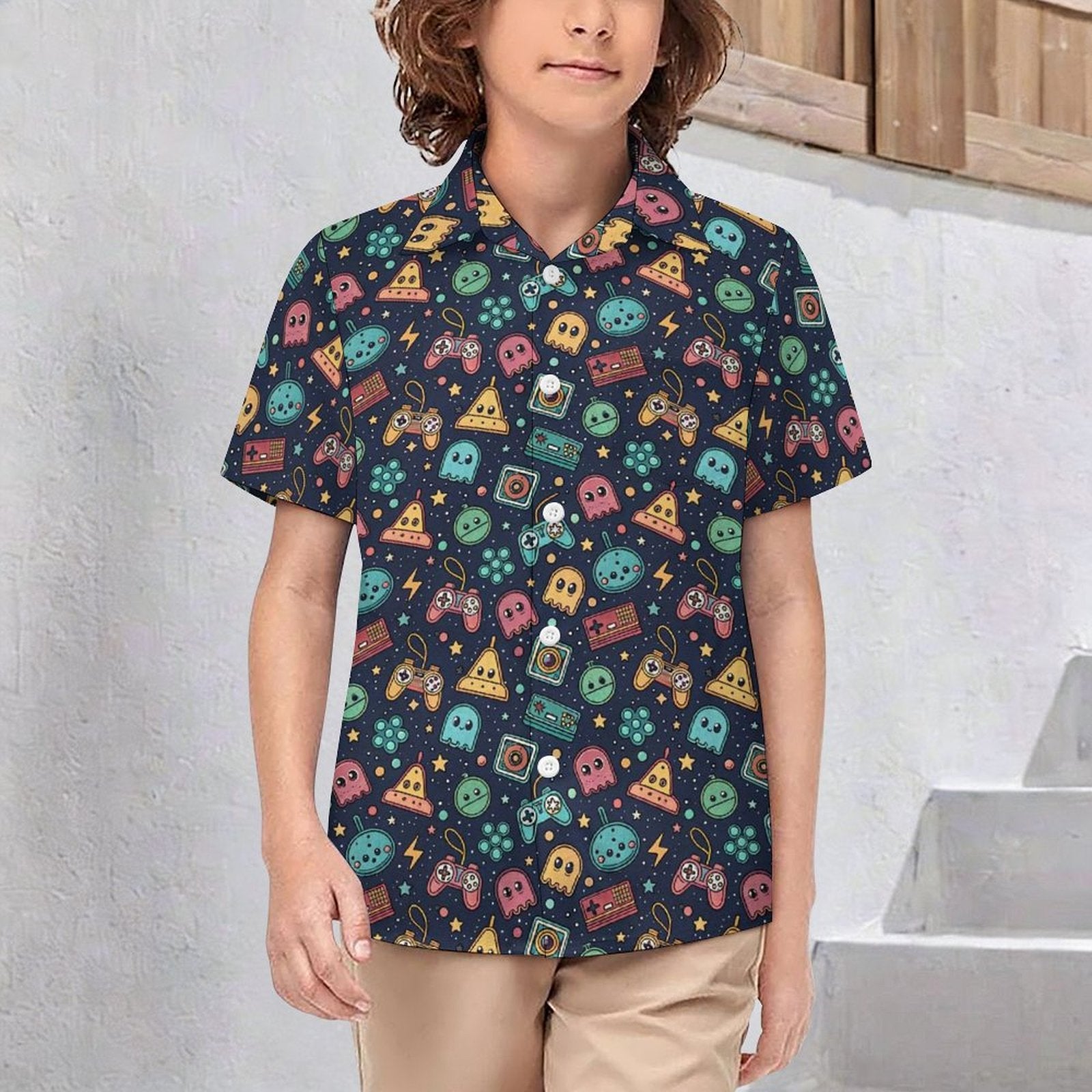 Video Arcade Kids Youth Short Sleeve Button Up Shirt