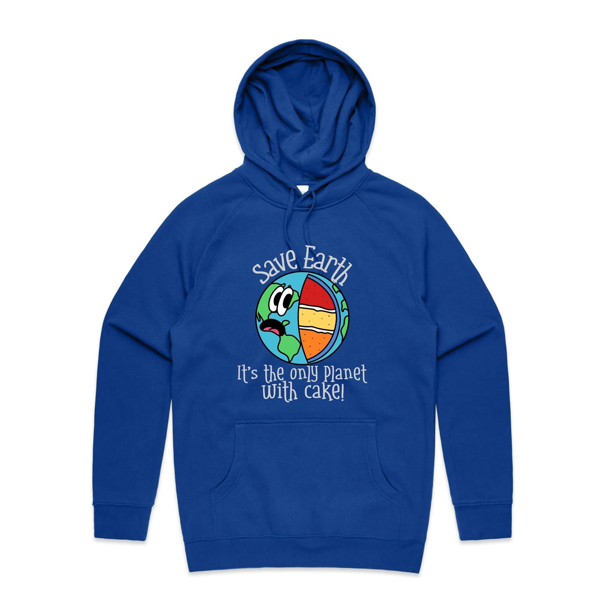 Save Earth, Its The Only Planet With Cake - Mens Hoodie Bright Royal Mens Hoodie Environment Food Printed In Australia