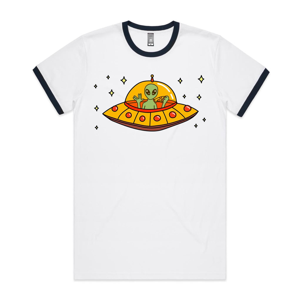 Alien Pizza, UFO - Staple Ringer Tee White Navy Ringer T-Shirt Food Printed In Australia Sci Fi