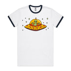 Alien Pizza, UFO - Staple Ringer Tee White Navy Ringer T-Shirt Food Printed In Australia Sci Fi