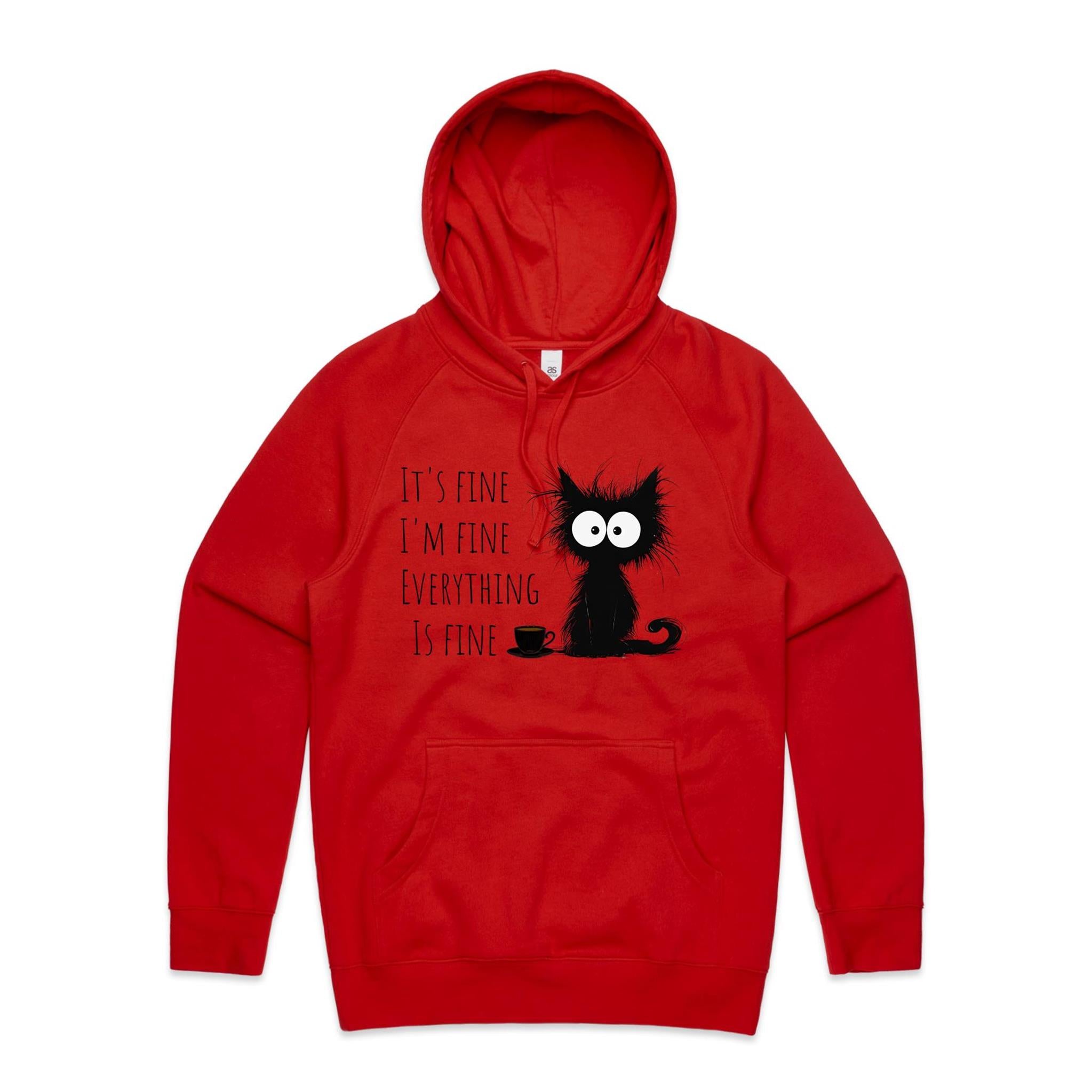 Frazzled Cat, It's Fine, I'm Fine, Everything Is Fine - Mens Hoodie Red Mens Hoodie animal Printed In Australia