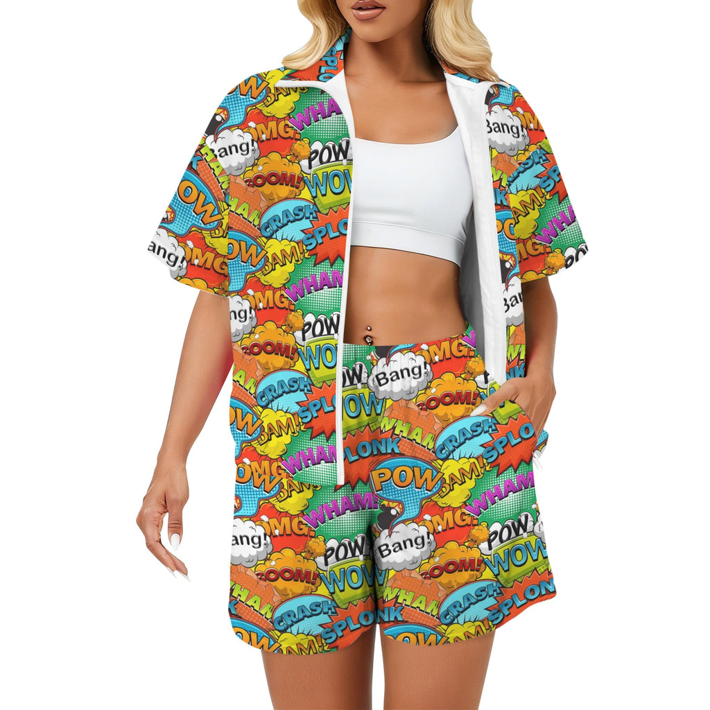 Comic Book 2 Women's Windbreaker Short Set 2XL Women's Windbreaker Short Set comic Printed Offshore