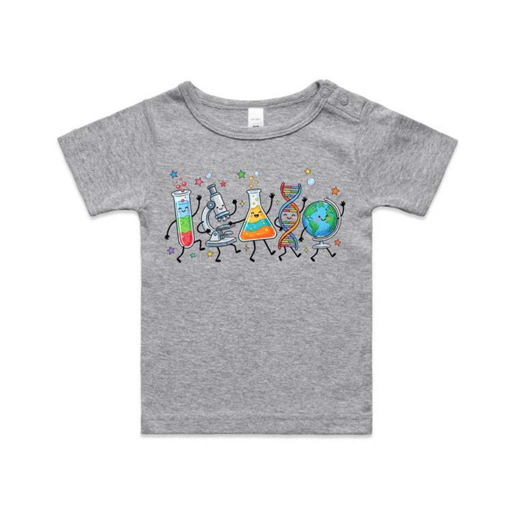 Science Characters AS Colour Baby T-shirt Grey Marle Baby T-shirt Printed In Australia Science