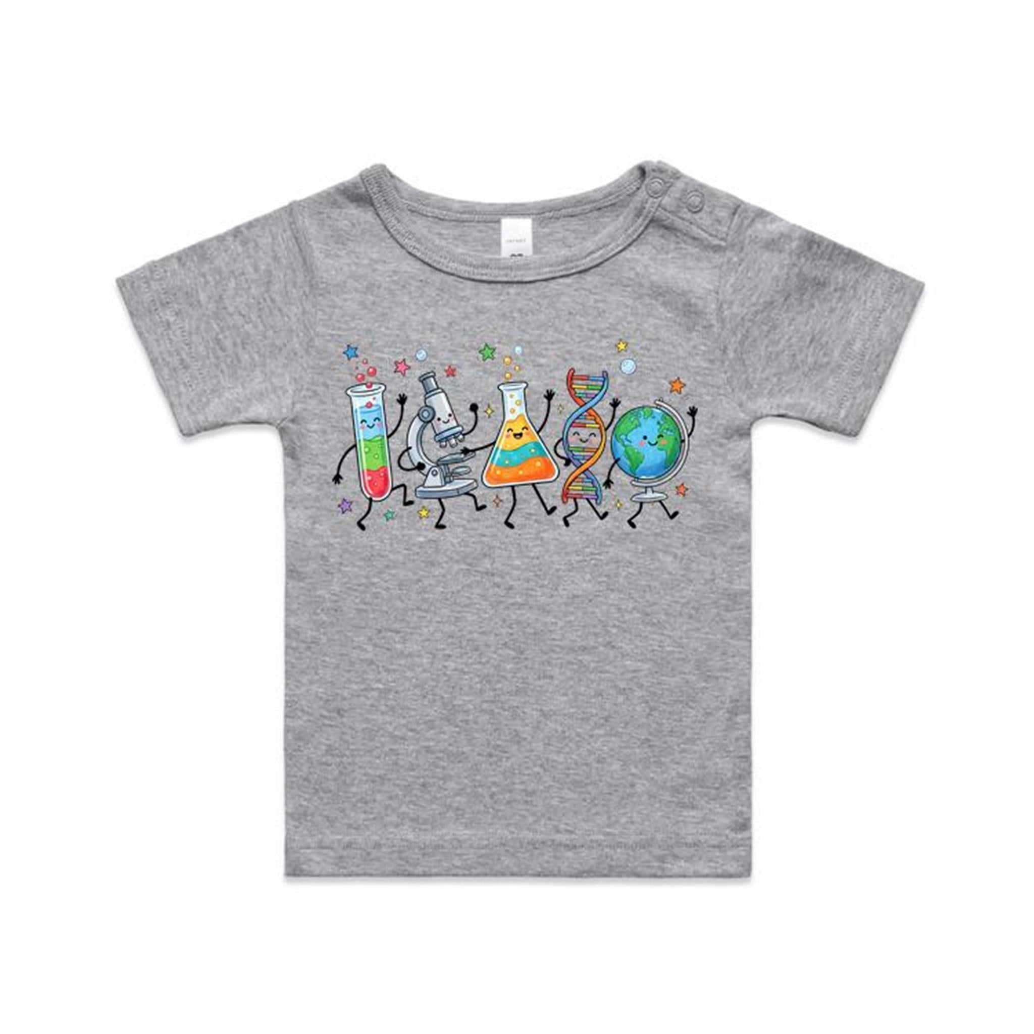 Science Characters AS Colour Baby T-shirt Grey Marle Baby T-shirt Printed In Australia Science