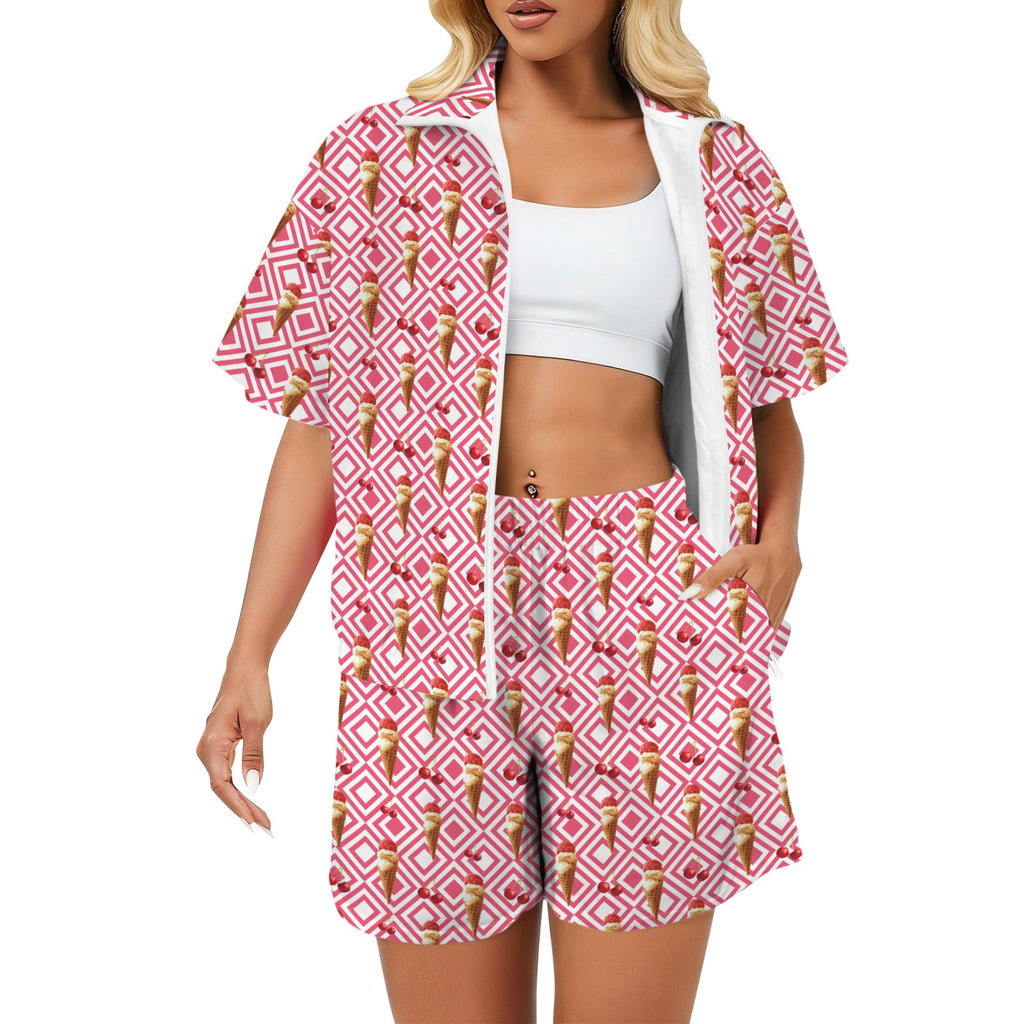 Cherry Ice-cream Women's Windbreaker Short Set 2XL Women's Windbreaker Short Set Food Printed Offshore