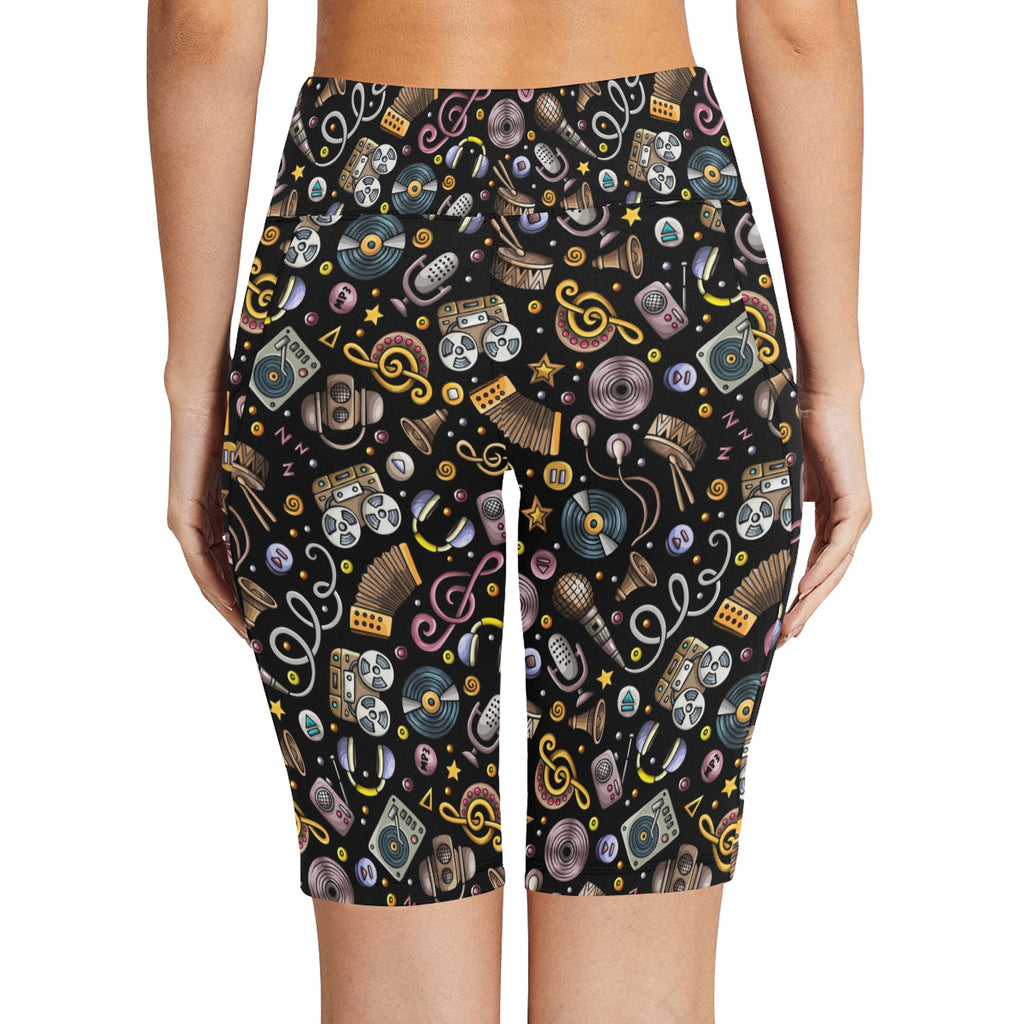 Retro Music Mix Women's Bike Shorts With Side Pockets Women's Bike Shorts Music Printed Offshore Retro