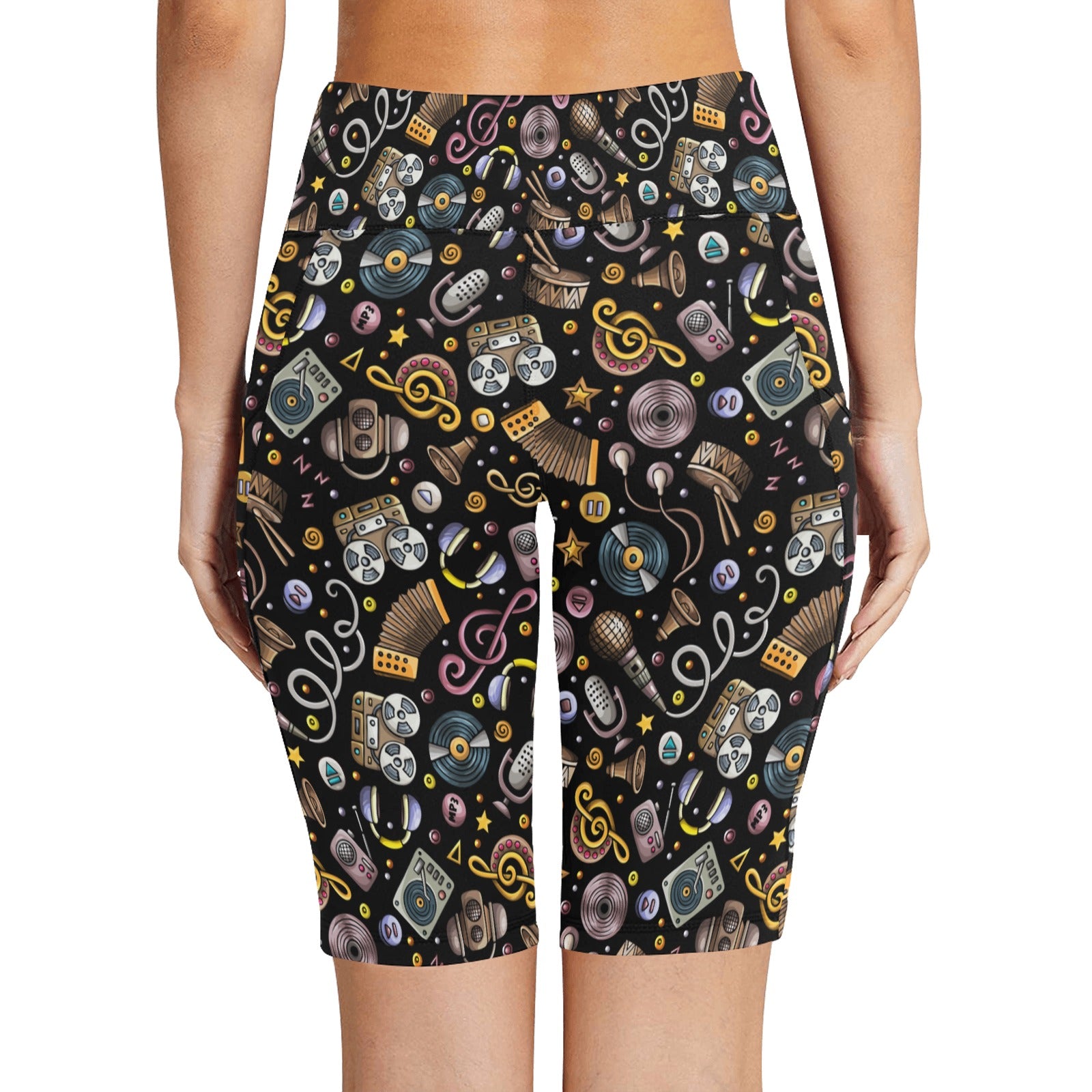 Retro Music Mix Women's Bike Shorts With Side Pockets Women's Bike Shorts Music Printed Offshore Retro
