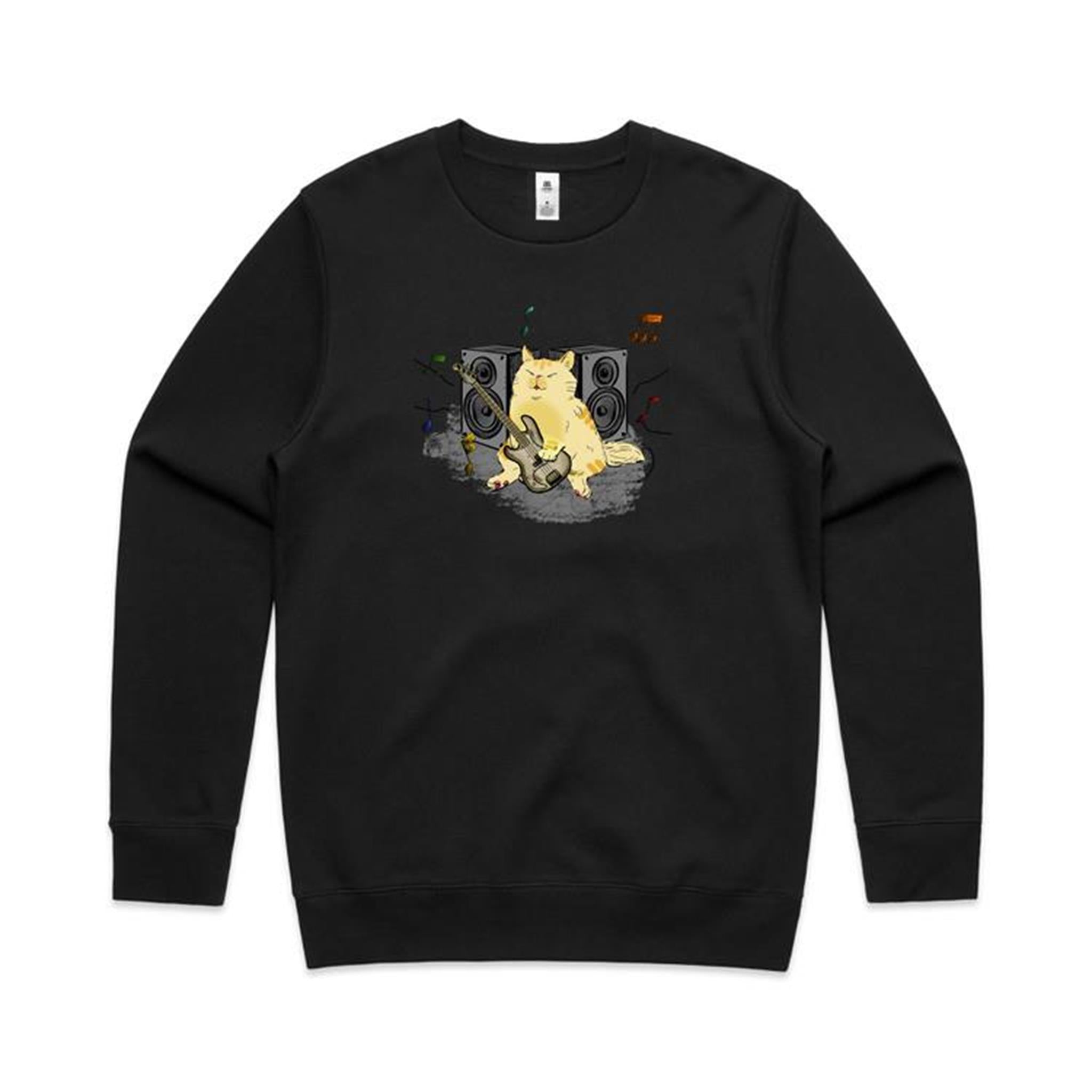 Cat Bass Player - AS Colour Stencil Crew Black Sweatshirt animal Music Printed In Australia