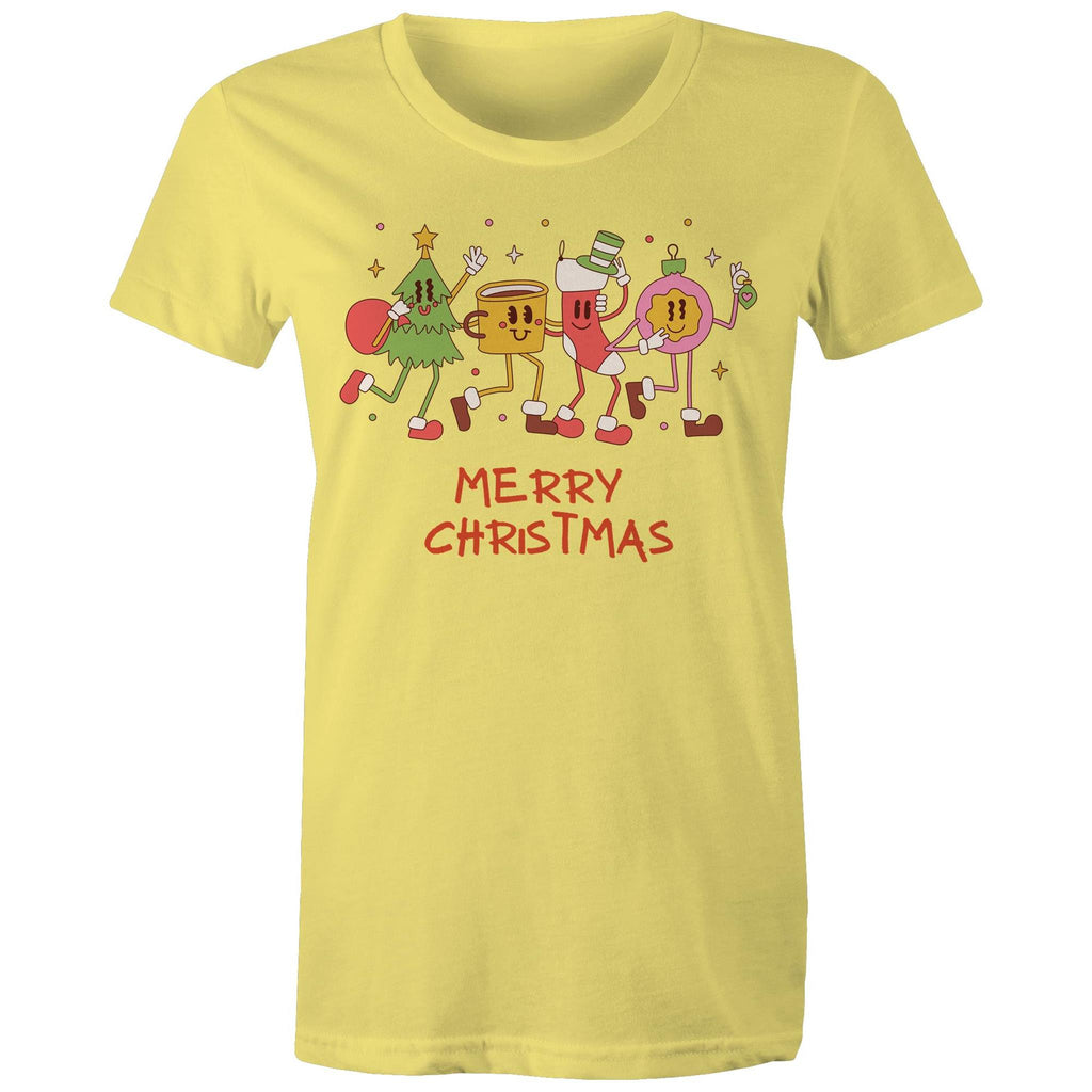 Crazy Christmas Characters - Womens T-shirt Yellow Womens Christmas T-shirt Christmas Printed In Australia