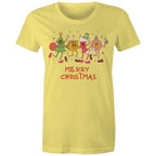 Crazy Christmas Characters - Womens T-shirt Yellow Womens Christmas T-shirt Christmas Printed In Australia