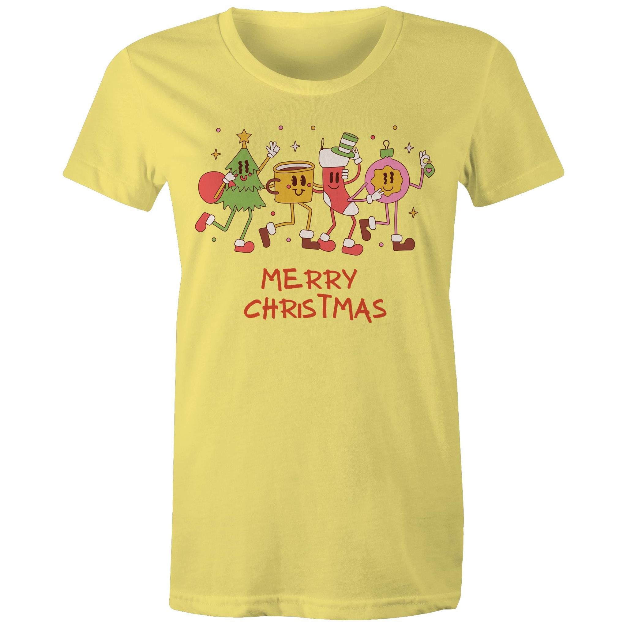 Crazy Christmas Characters - Womens T-shirt Yellow Womens Christmas T-shirt Christmas Printed In Australia