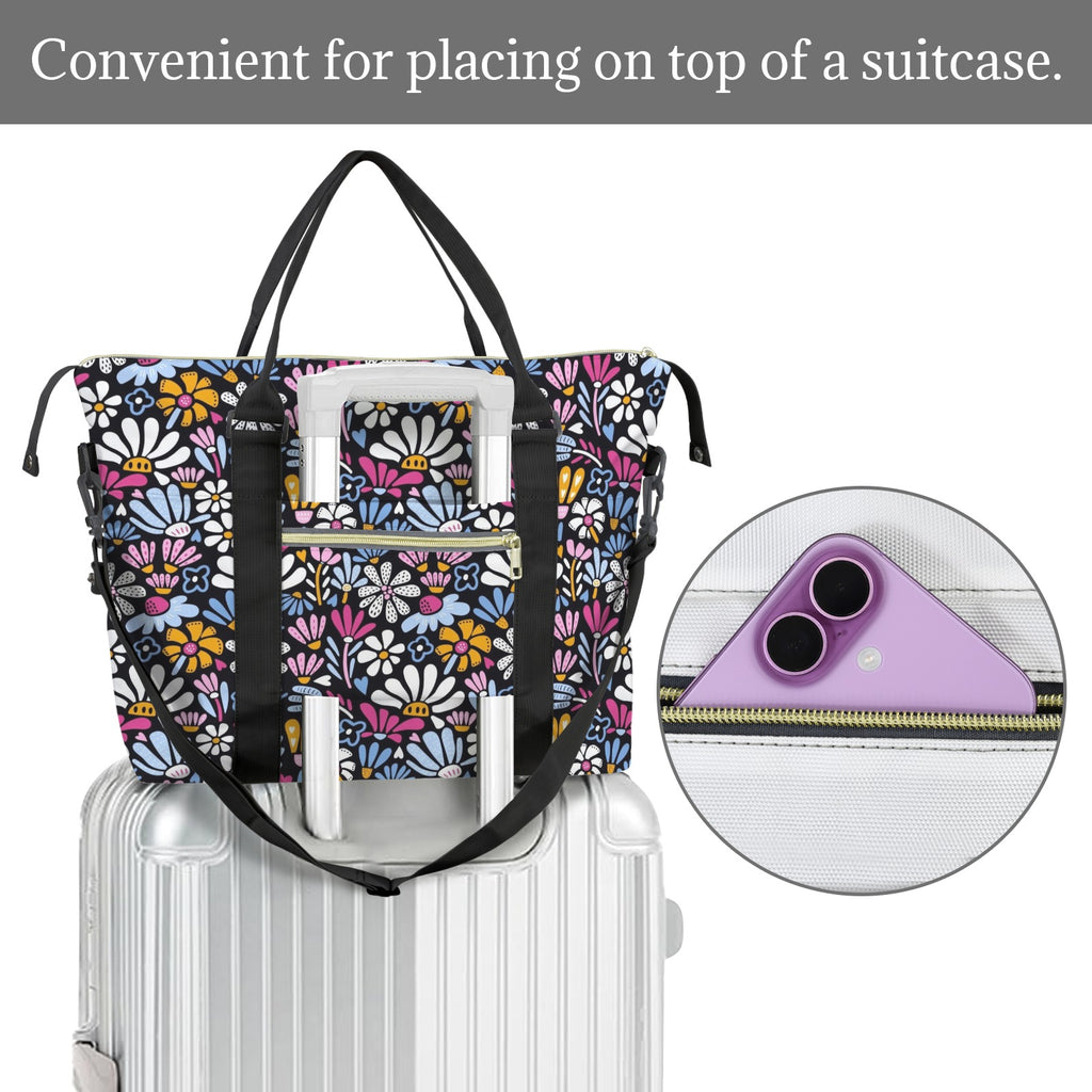 Graphic Flowers On Black Duffle Bag-Simple (Model 1715) Duffle Bag-Simple (1715)