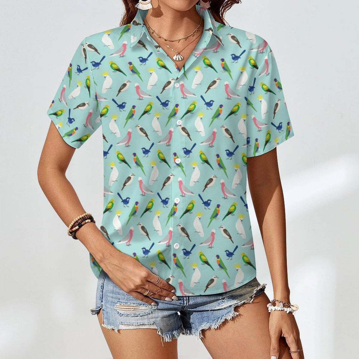 Australian Birds Women's Collared Pocketless Short Sleeve Shirt