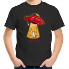 UFO, Here For The Cats - Kids Youth T-Shirt Black Kids Youth T-shirt animal Printed In Australia Sci Fi