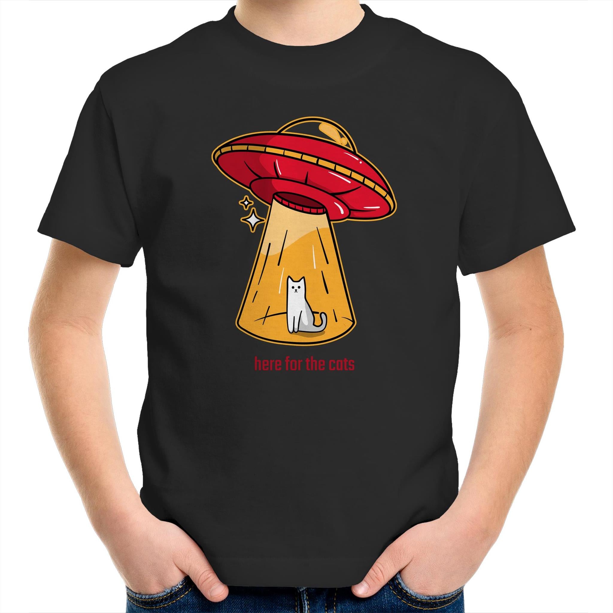 UFO, Here For The Cats - Kids Youth T-Shirt Black Kids Youth T-shirt animal Printed In Australia Sci Fi