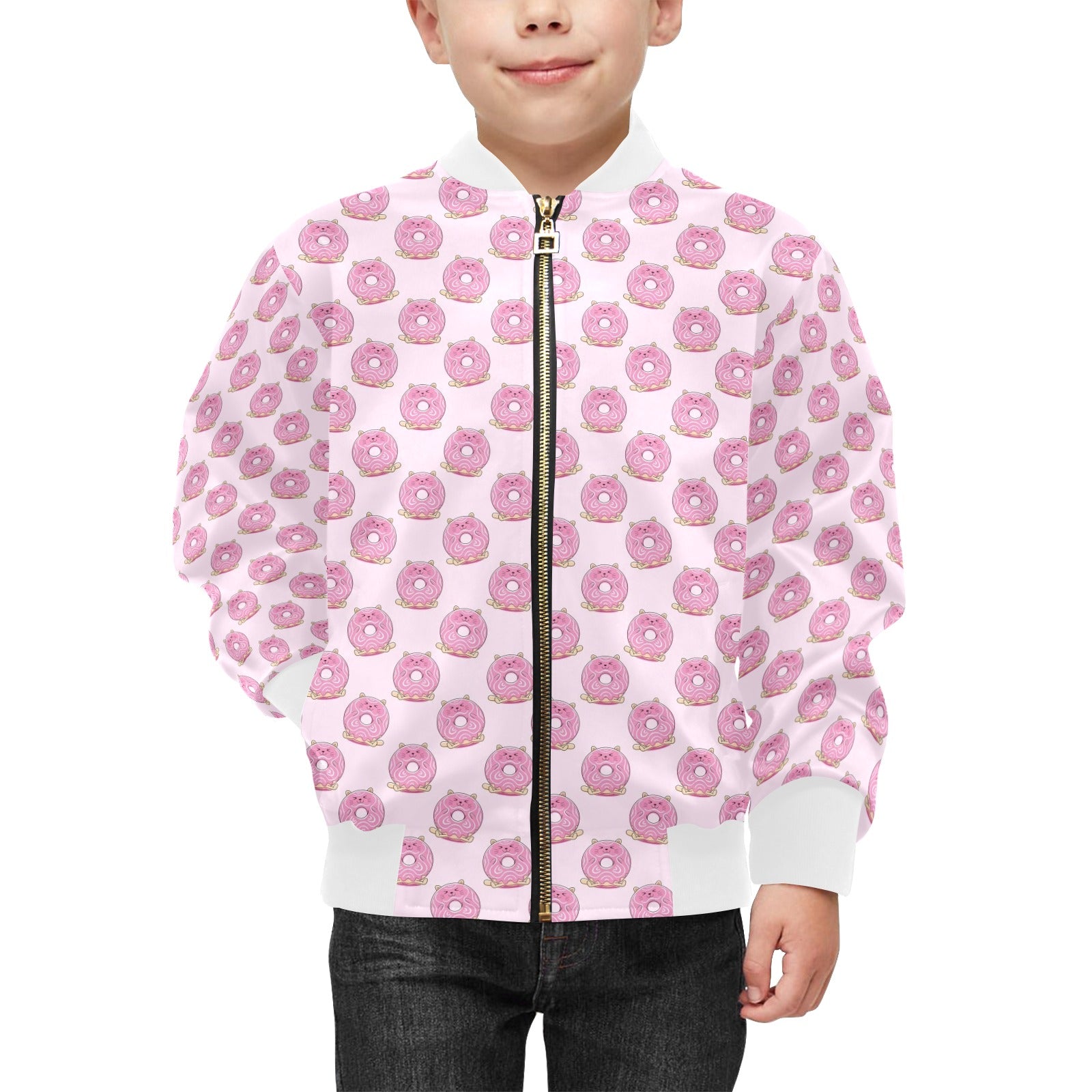 Pink Cat Doughnuts Kids Bomber Jacket