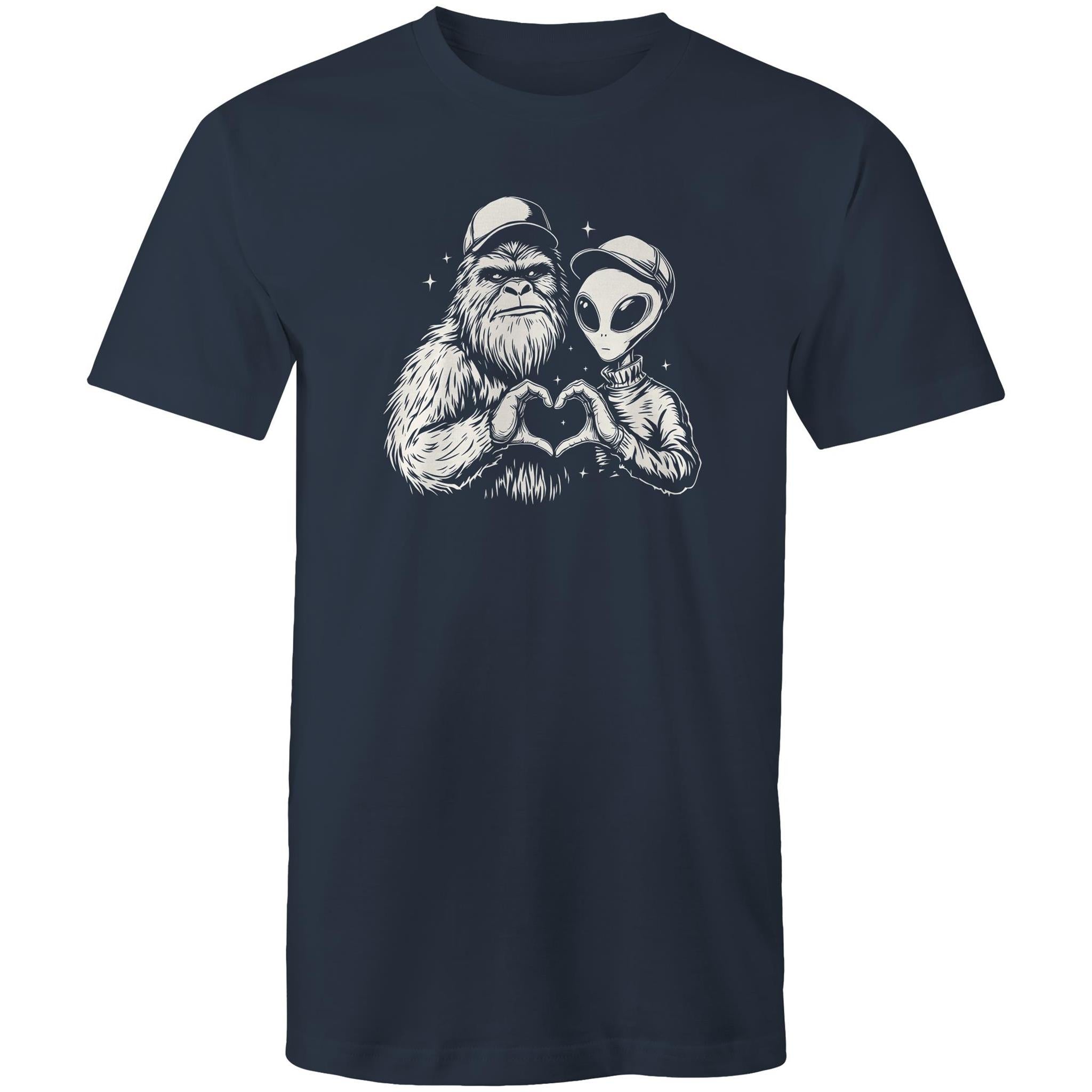 Alien Bigfoot Heart Hands - Mens T-Shirt Navy Mens T-shirt Love Printed In Australia Sci Fi