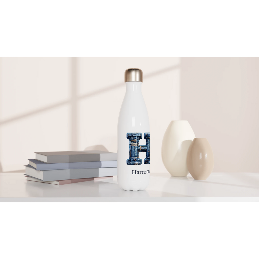 Blue Denim Initial - White 17oz Stainless Steel Water Bottle Personalised Water Bottle customise Globally Fulfilled Initial Name personalise