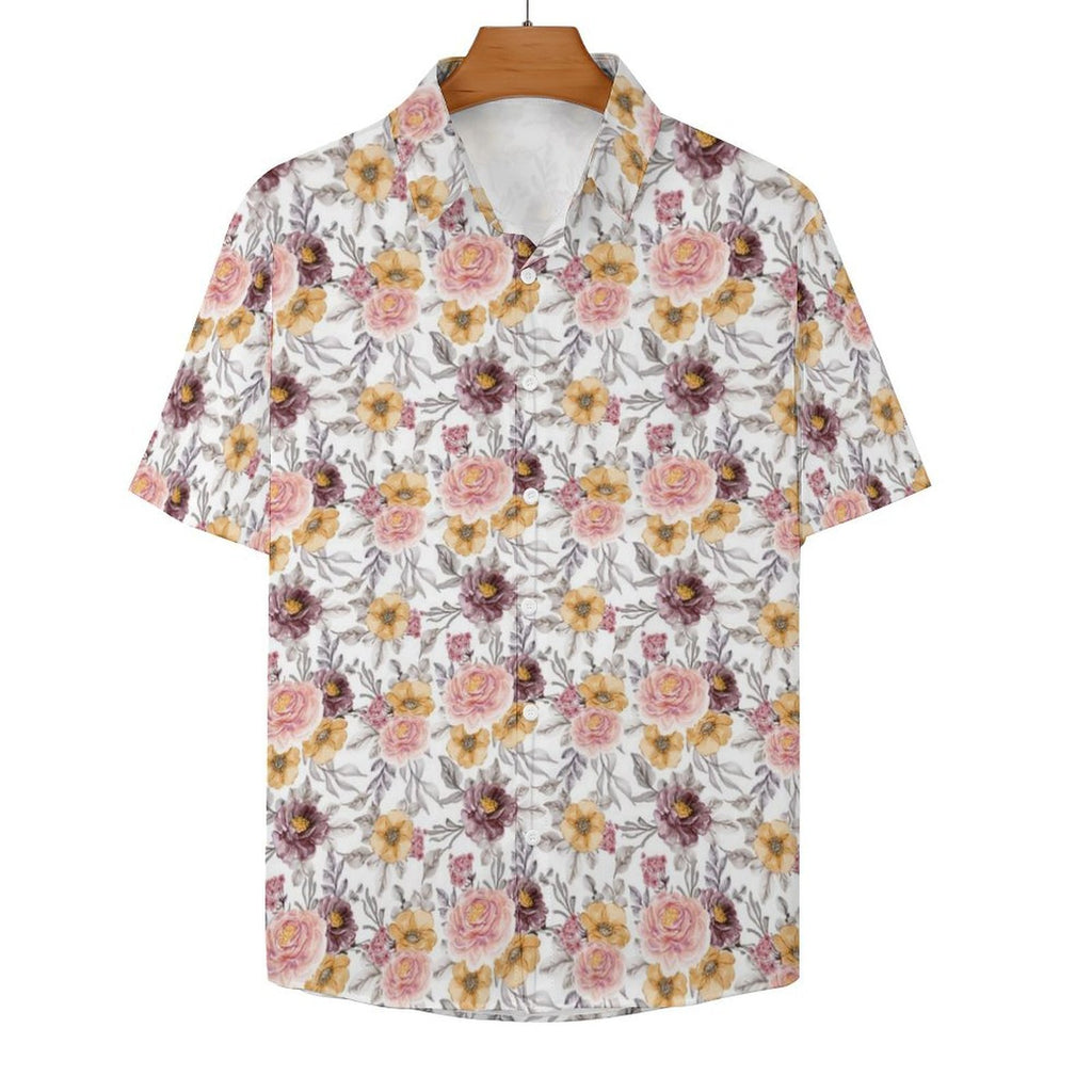 Painted Flowers Women's Collared Pocketless Short Sleeve Shirt